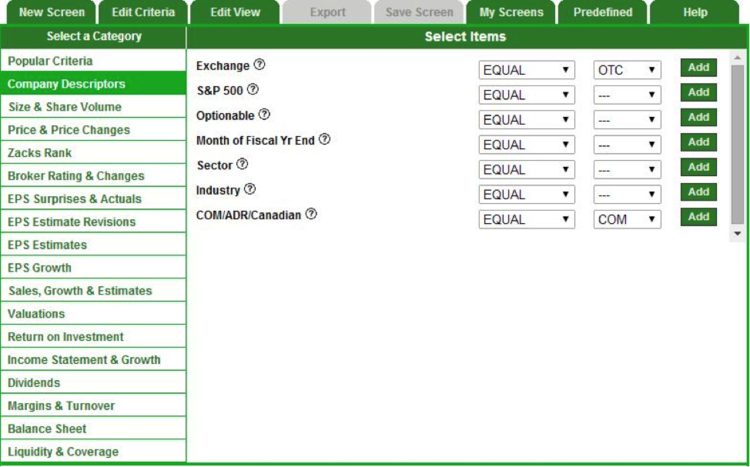 Zacks Stock Screener