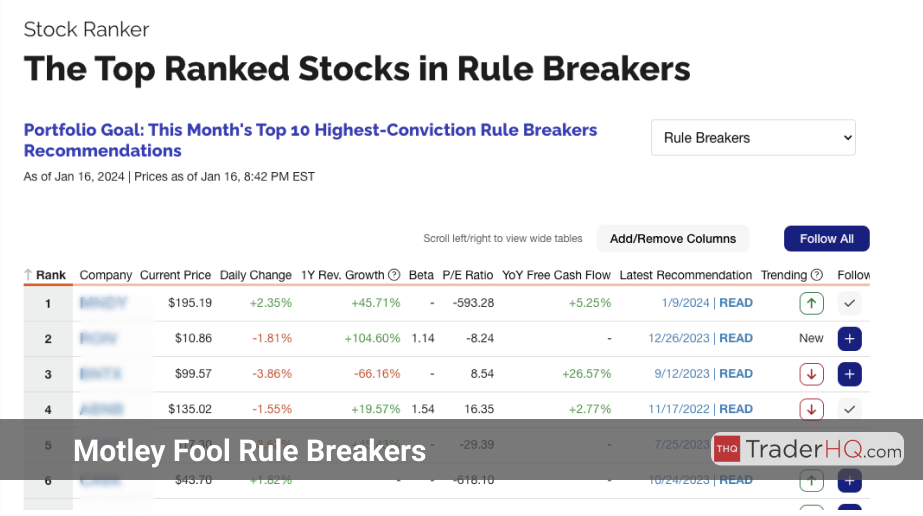 Monthly Rule Breakers stock rankings list, indicating shifts in recommended stock priorities.