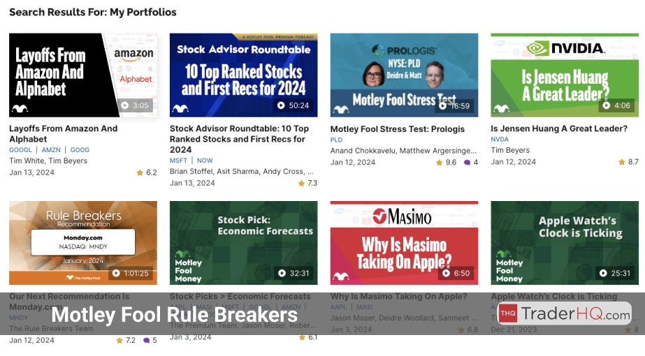Streaming content interfaces for Motley Fool Live and The Blend, offering market analysis and news, tailored for Rule Breakers.